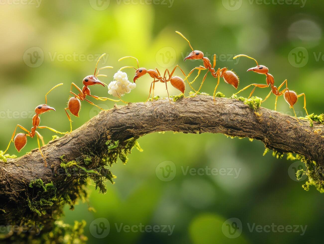 Red ants work together to transport food along a branch photo