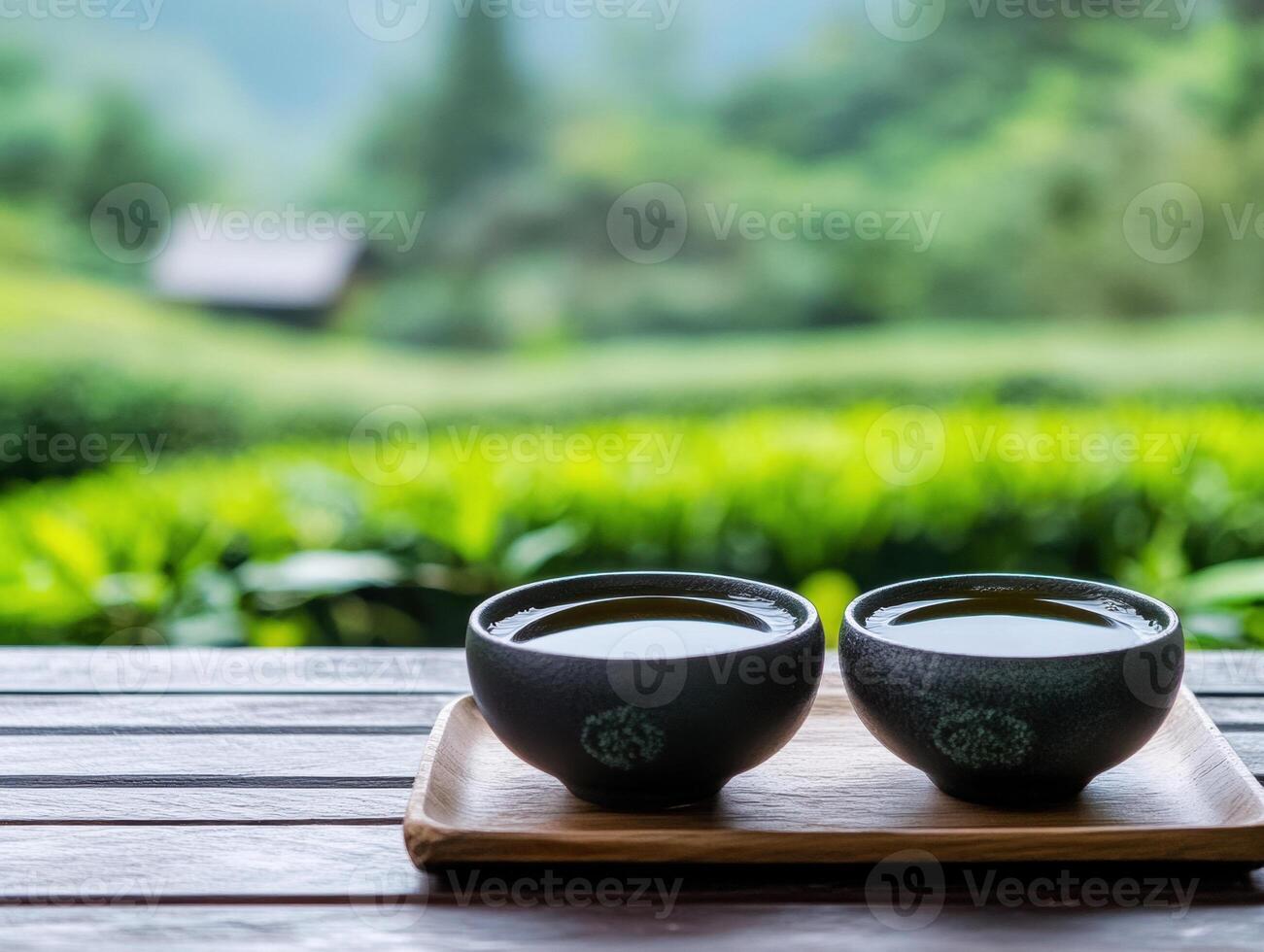 Tea ceremony in a serene outdoor setting with nature backdrop photo