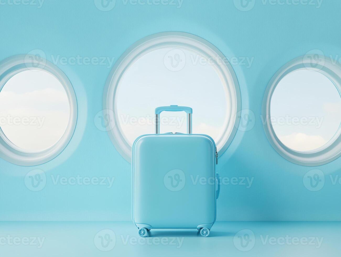 Bright blue suitcase beside circular windows in modern space photo