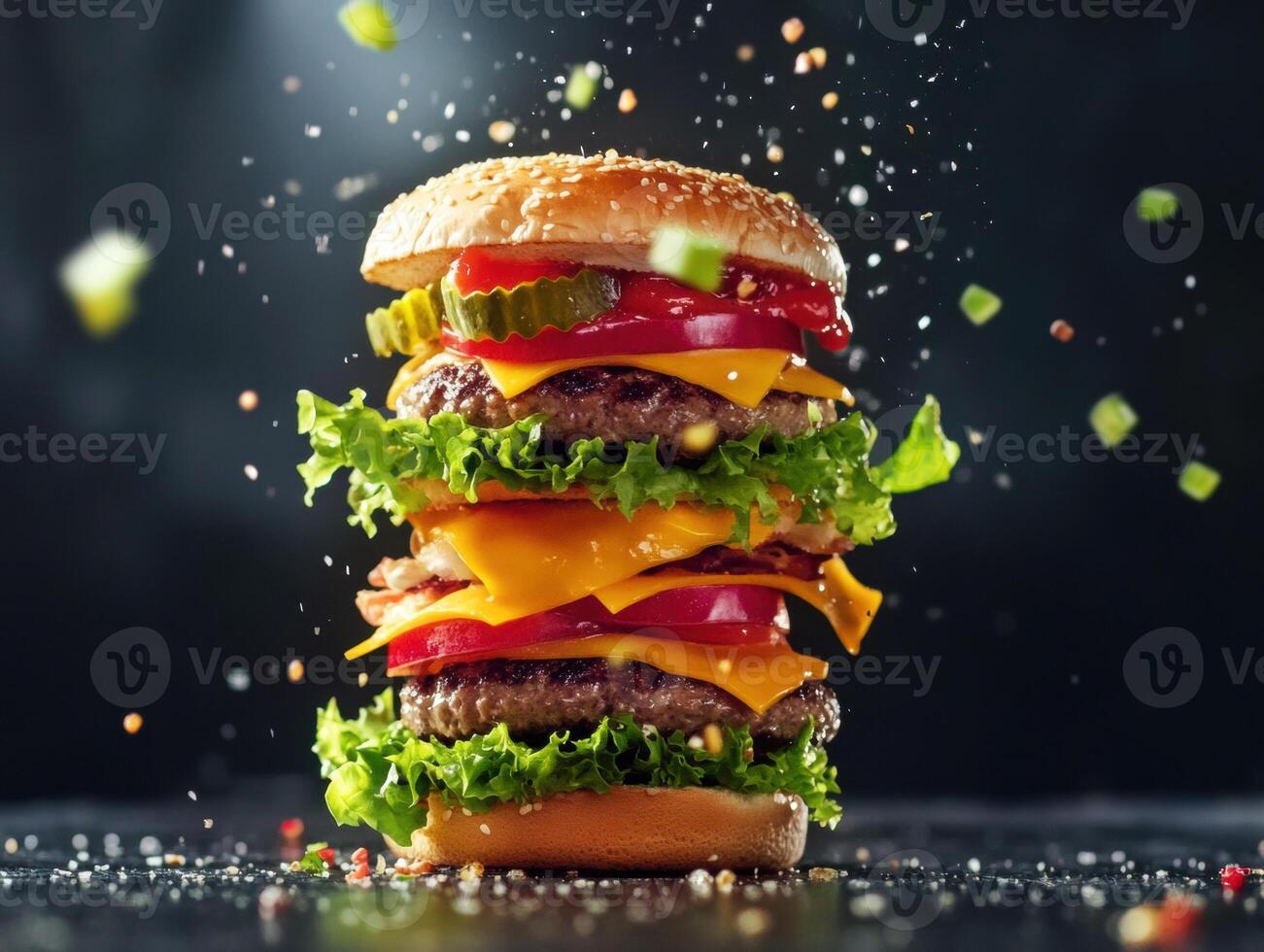 Delicious stacked burger with fresh ingredients and cheese photo