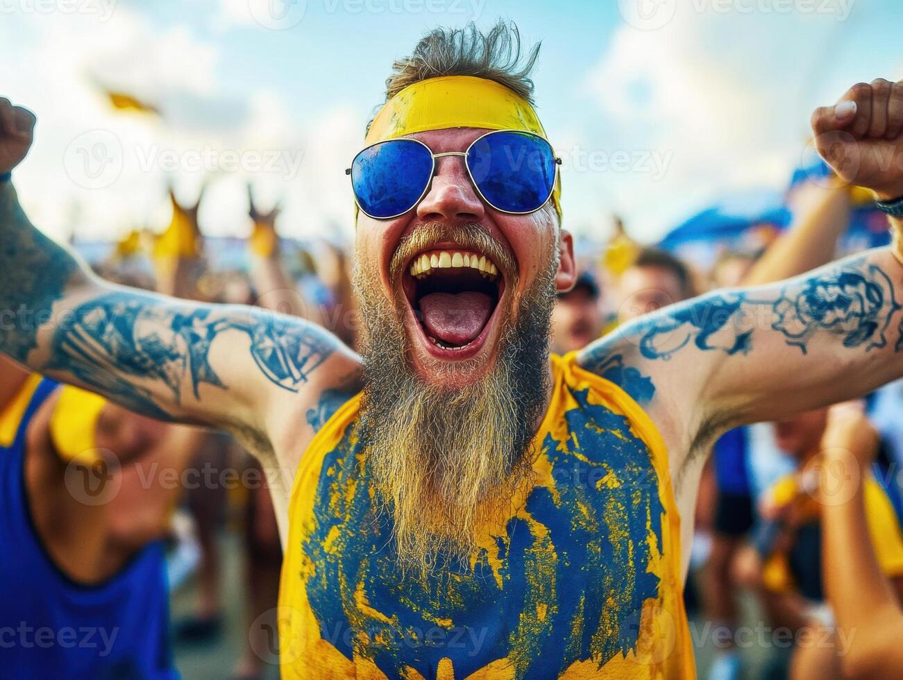 Excited fan celebrates at a vibrant sports event in summer photo