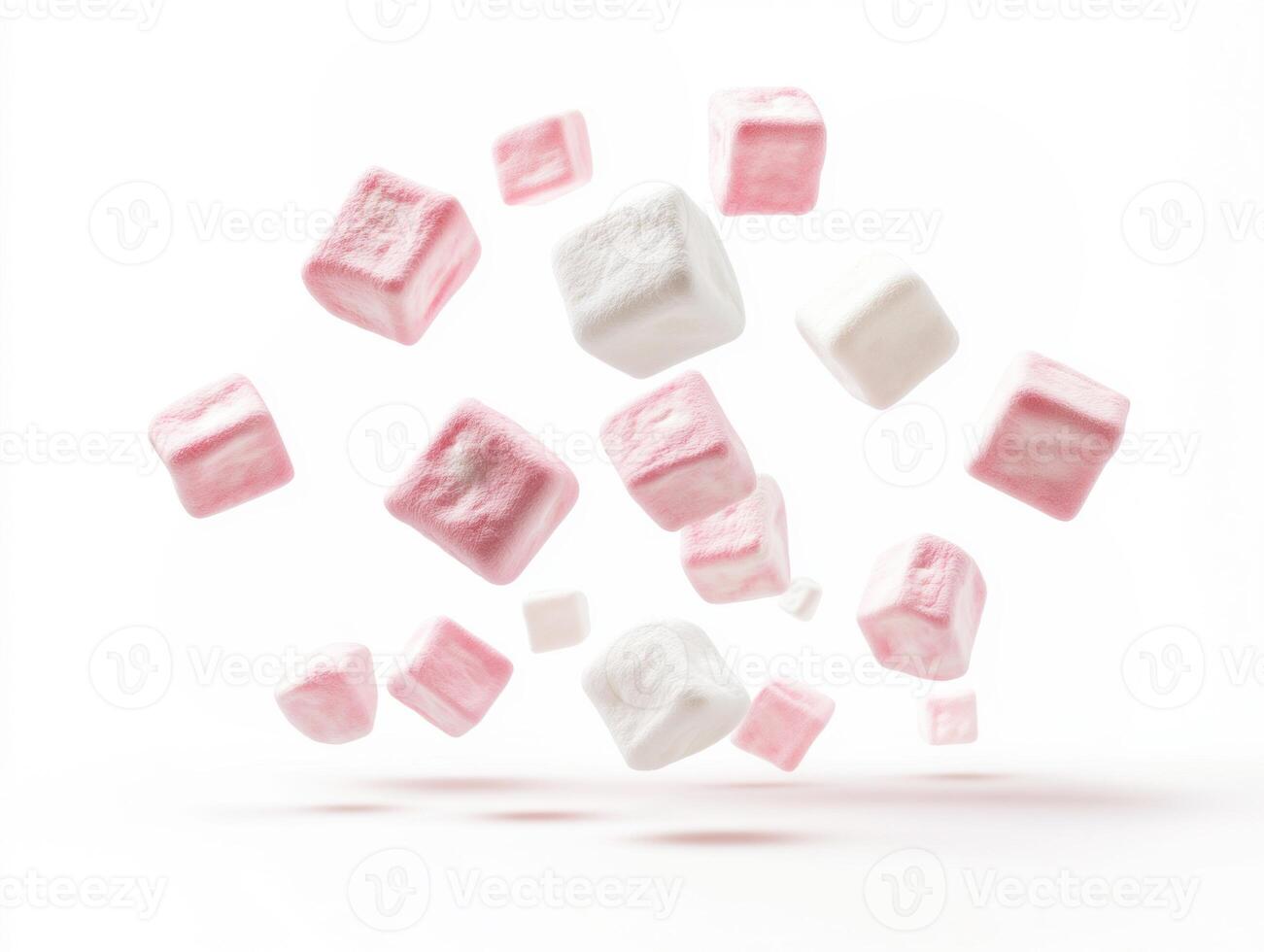 Colorful marshmallows floating in mid-air on a bright background photo