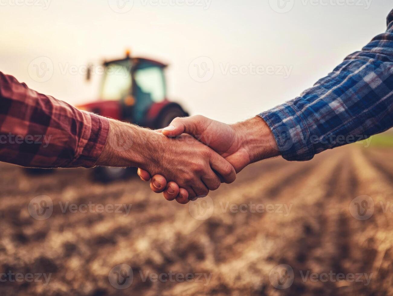 Farmers shake hands in partnership on a field during sunset photo