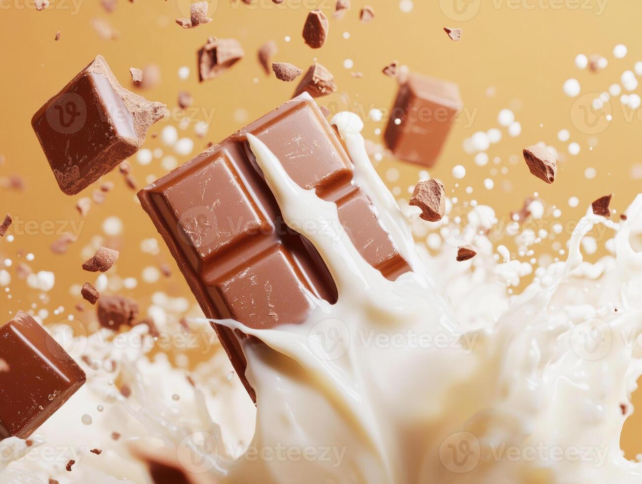 Chocolate bar splashing into creamy milk in dynamic action shot photo