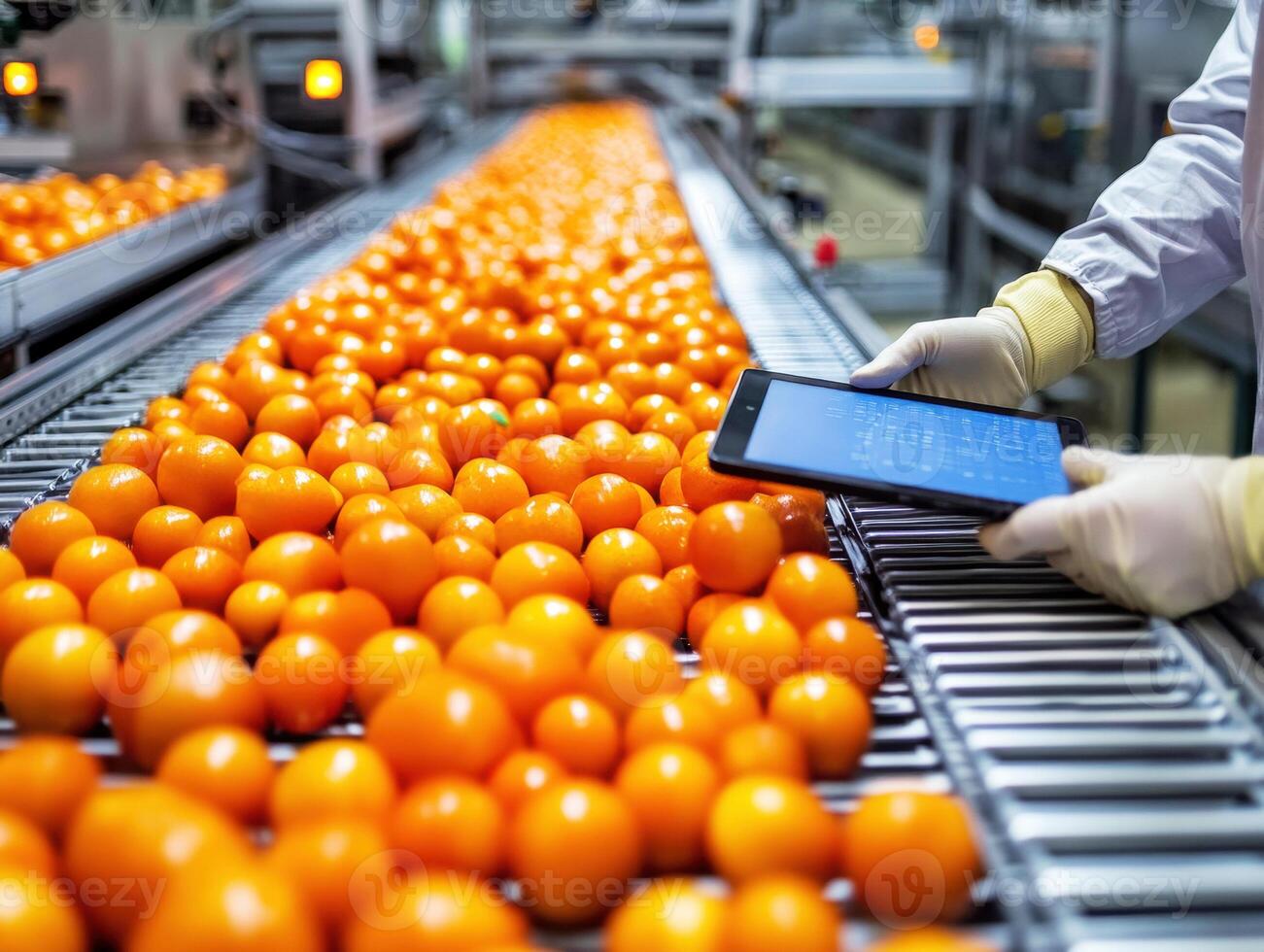 Workers in a fruit processing facility monitor oranges on conveyor photo