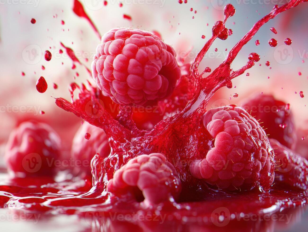 Raspberries create a vibrant splash in fresh juice photo