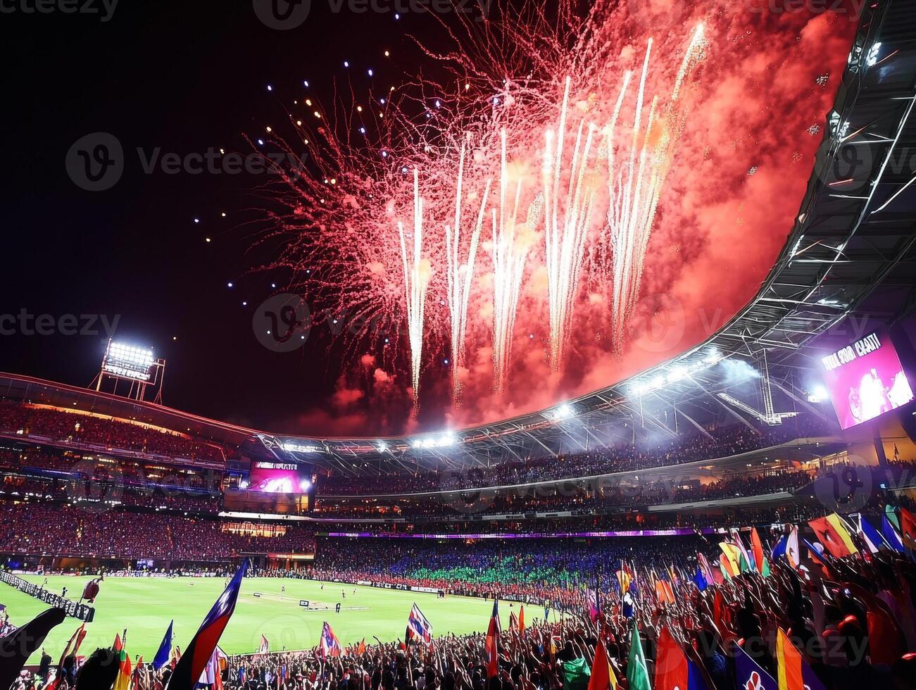 Fireworks illuminate stadium during exciting sports event photo