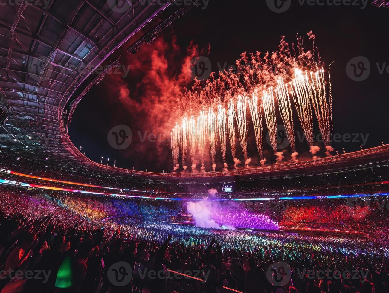 Spectacular fireworks display at a vibrant stadium concert photo