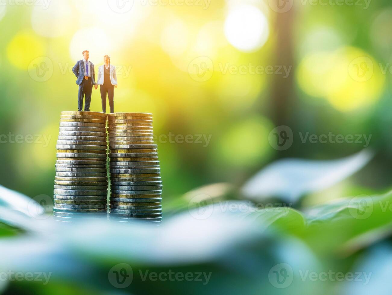 Figures standing on stacks of coins in a green environment photo