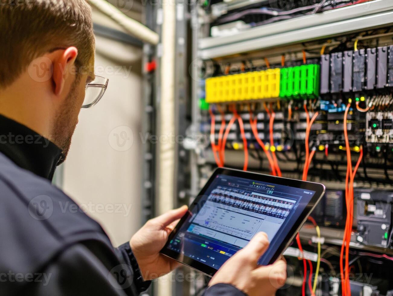 Technician monitors server performance using tablet in data center photo