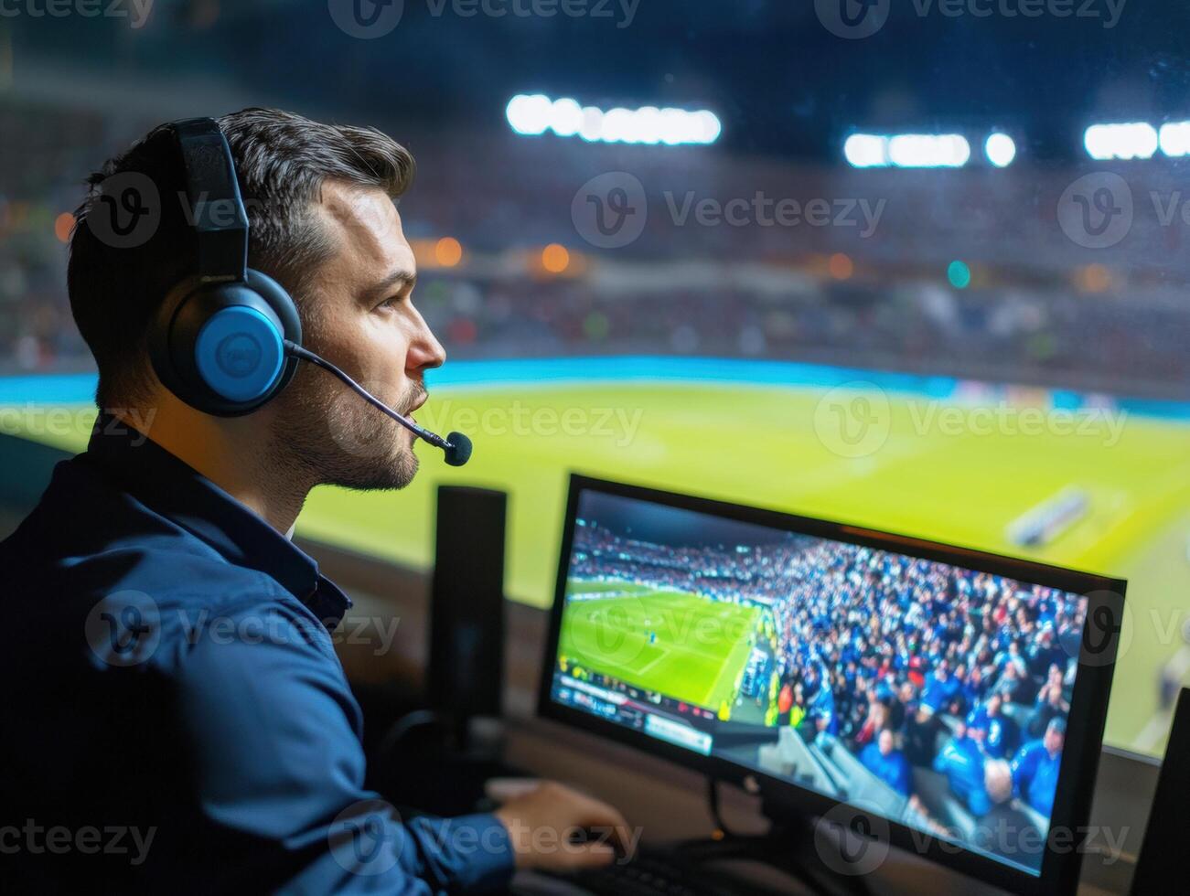 Sport commentator providing live analysis during a match photo