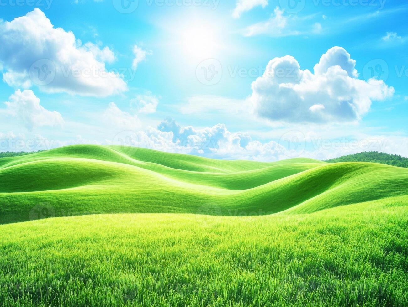 Lush green hills under a bright blue sky with fluffy clouds photo