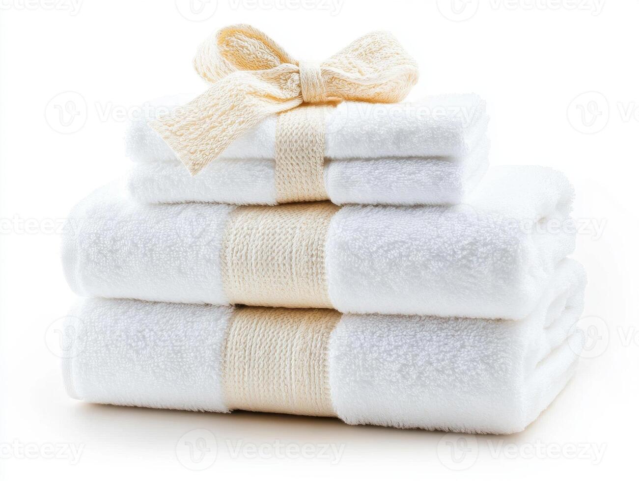 Soft white towels stacked neatly with a simple bow decoration photo