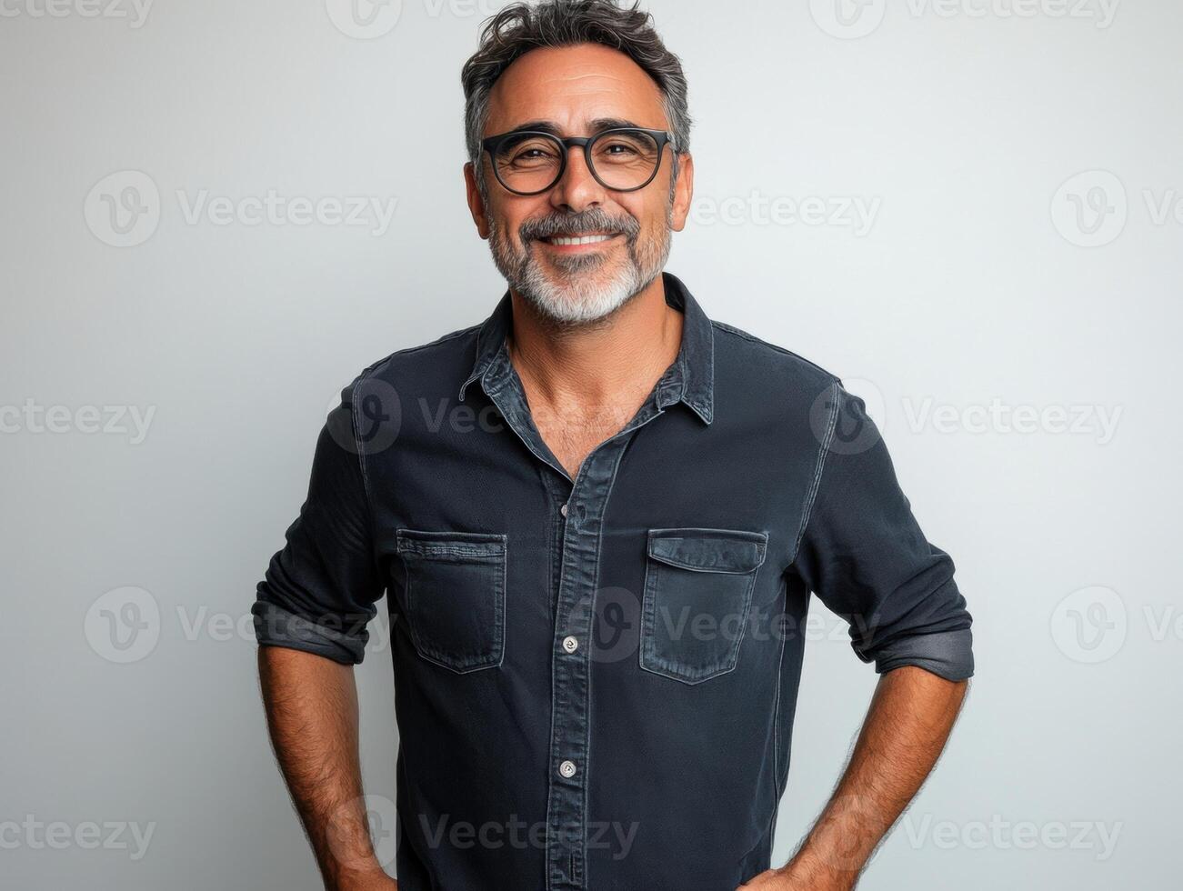 Smiling man with glasses poses confidently in casual shirt photo