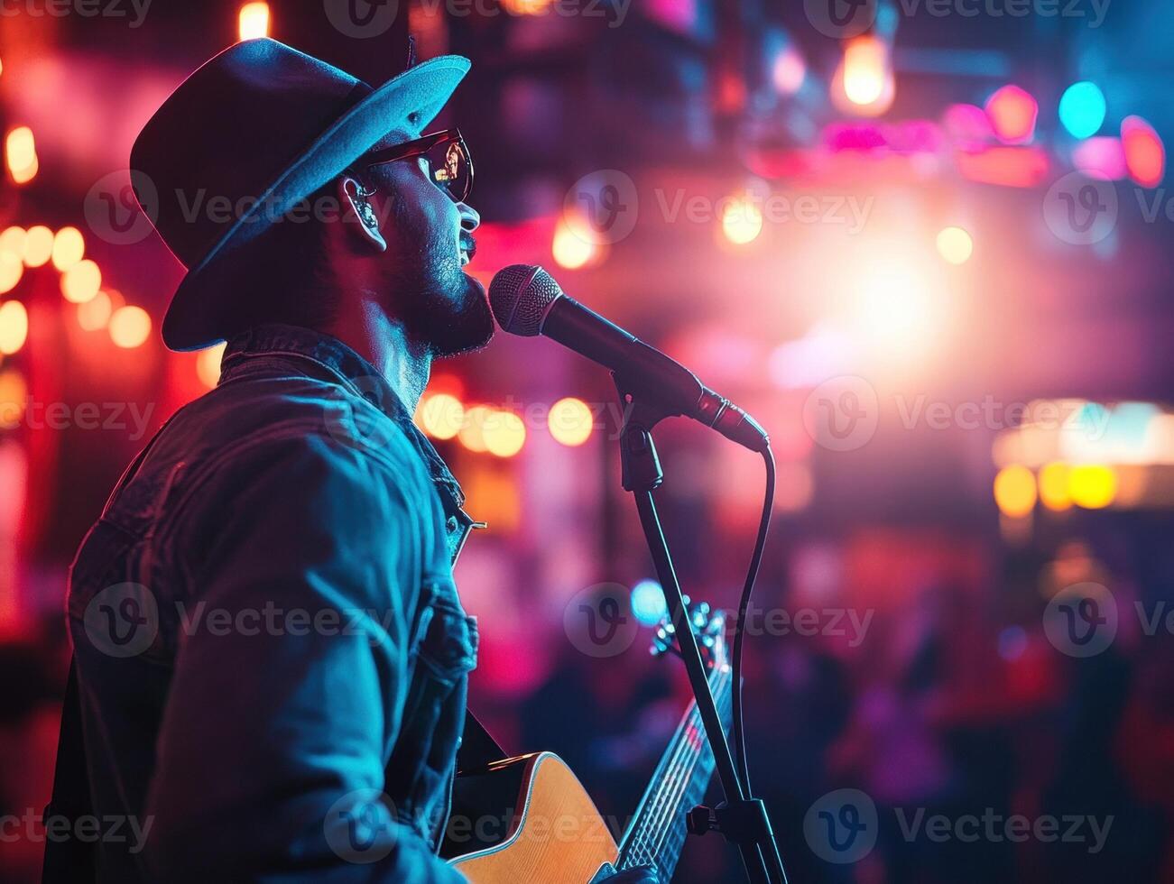 Live music performance at a vibrant venue with colorful lights photo