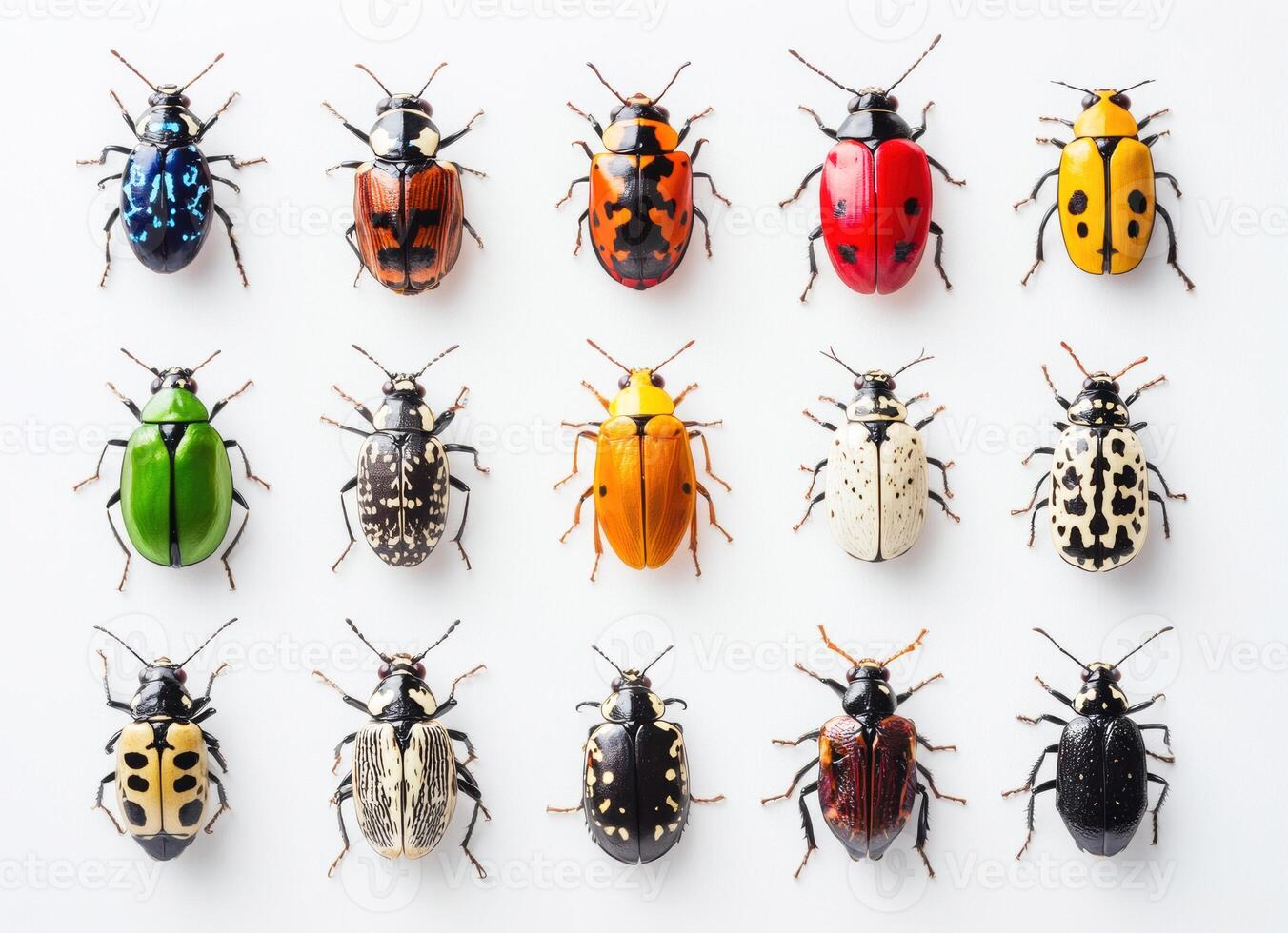 Colorful collection of beetles displayed on a white background photo