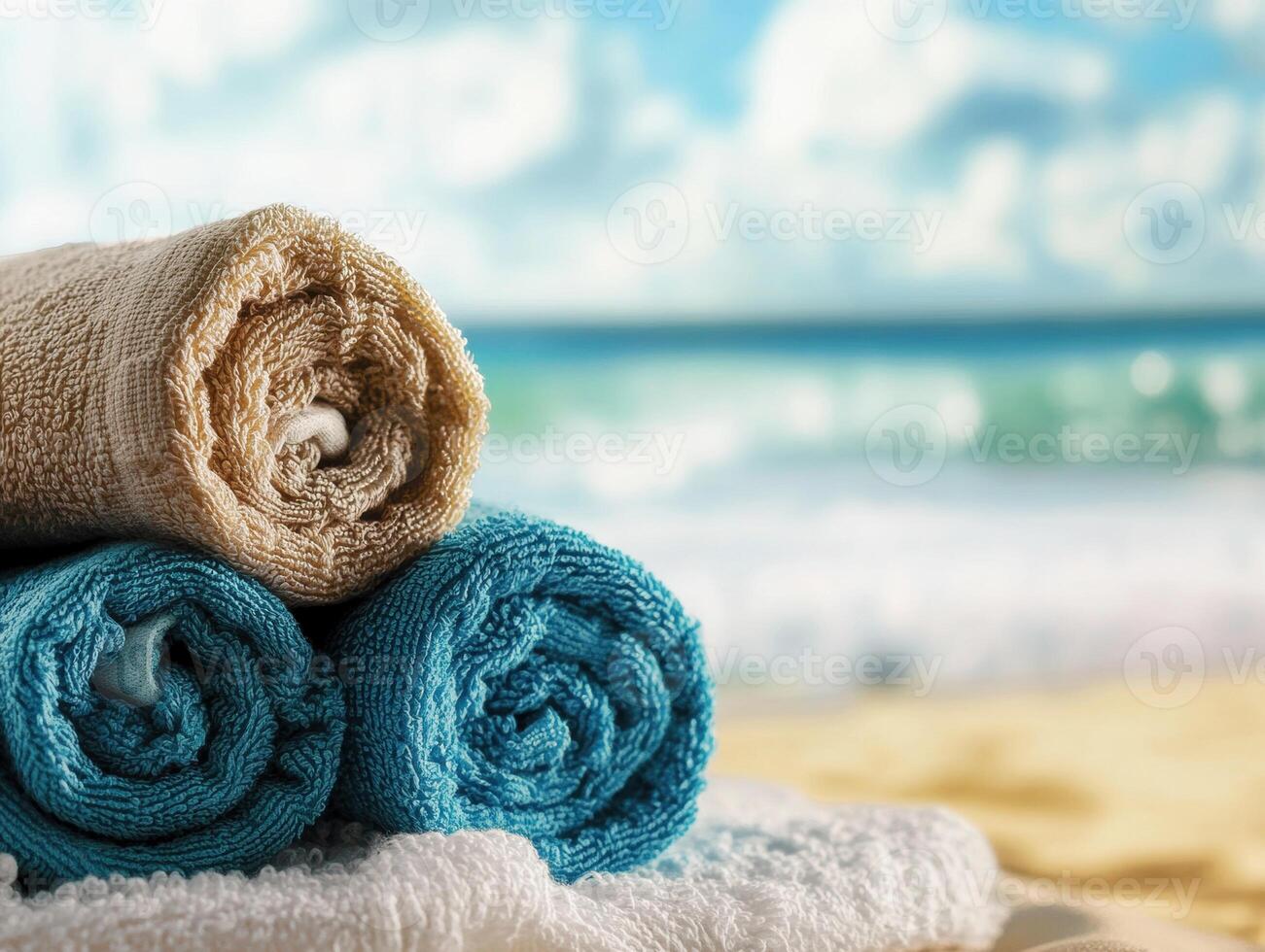 Colorful towels stacked by the beach on a sunny day photo