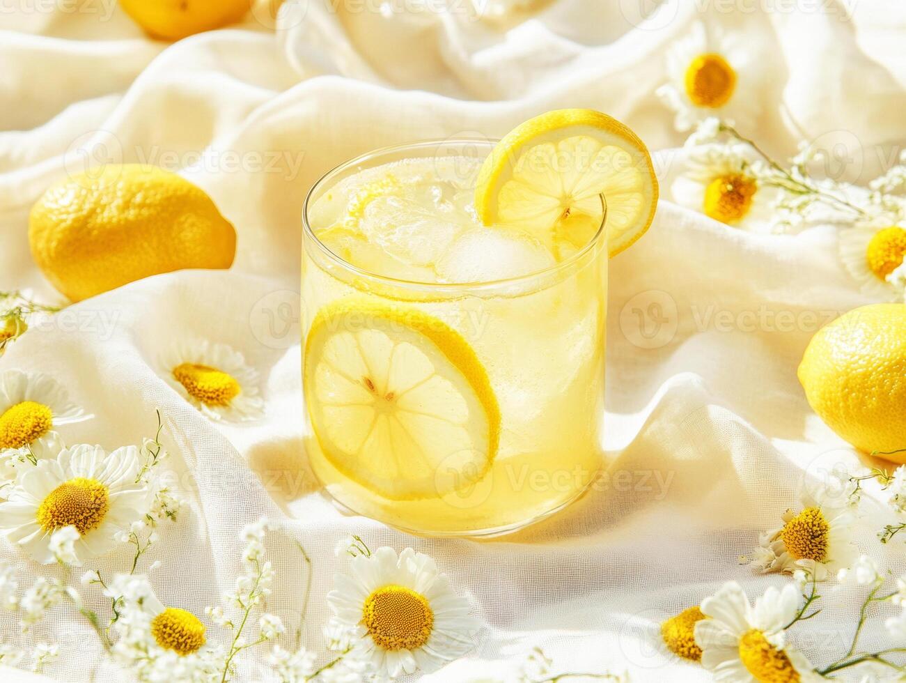 Refreshing lemonade garnished with lemon slices and flowers photo