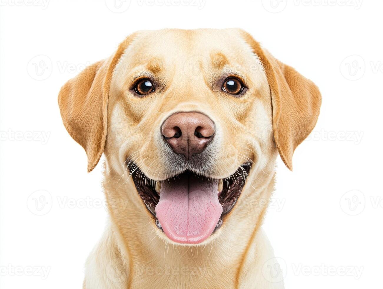 Happy yellow labrador with bright expression on simple background photo