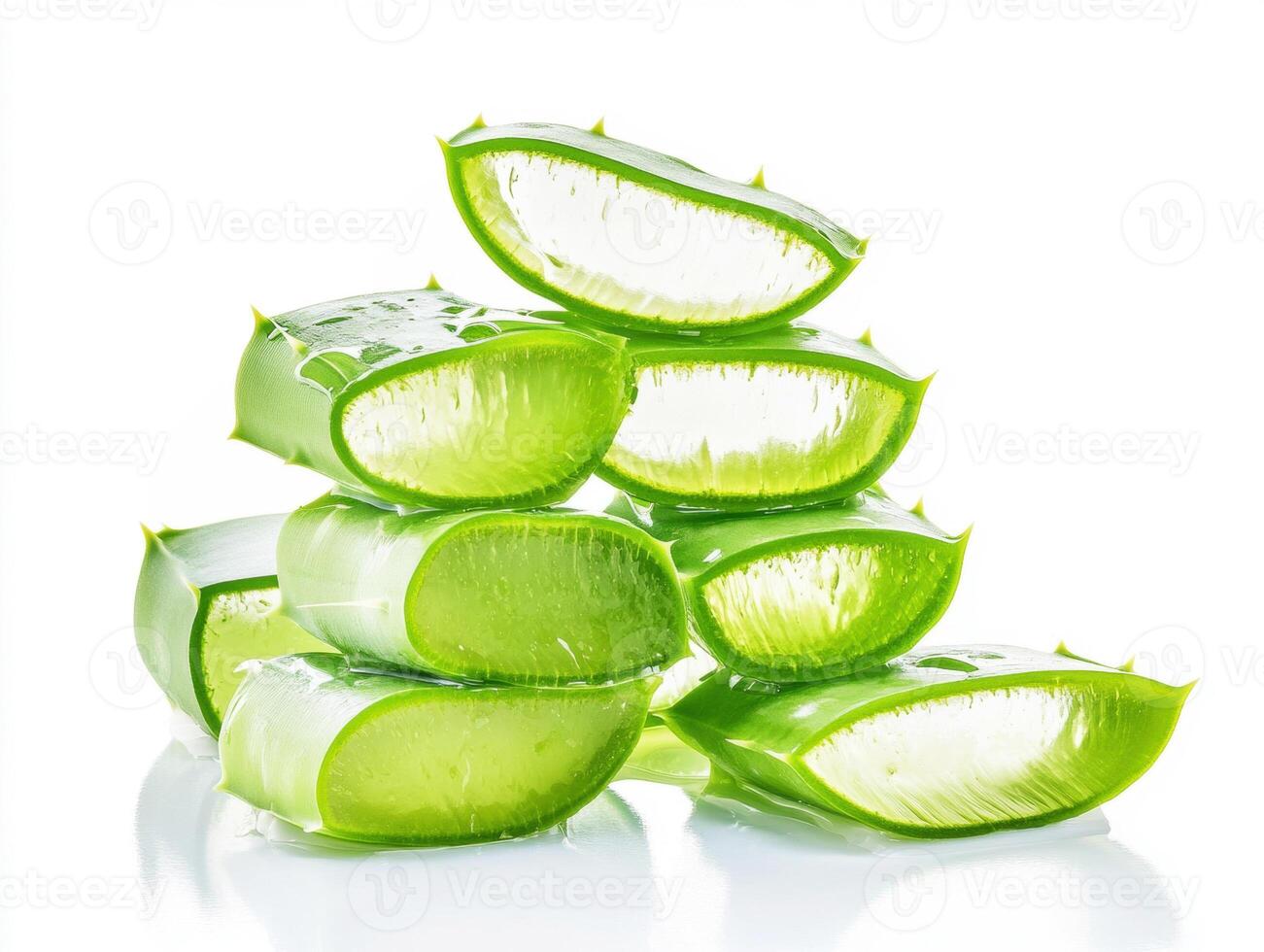 Fresh aloe vera stacked neatly on a white surface photo