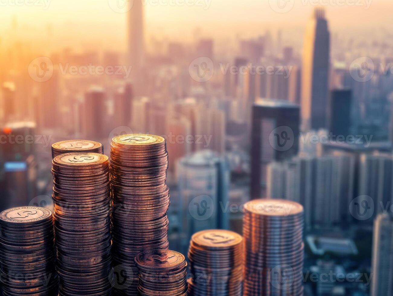 Coins stacked high with a city skyline at sunset photo