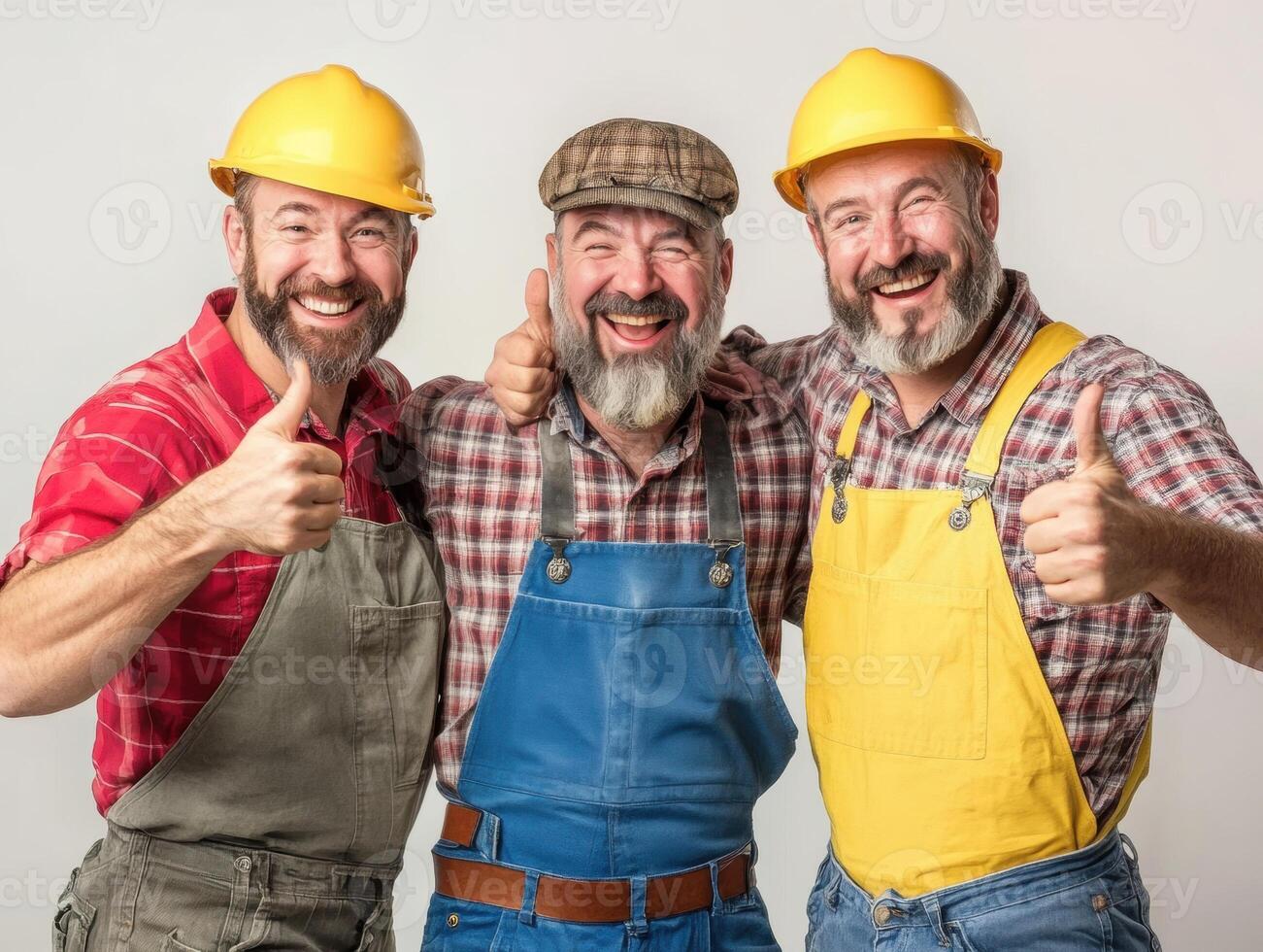 Three cheerful construction workers celebrating in bright hats photo