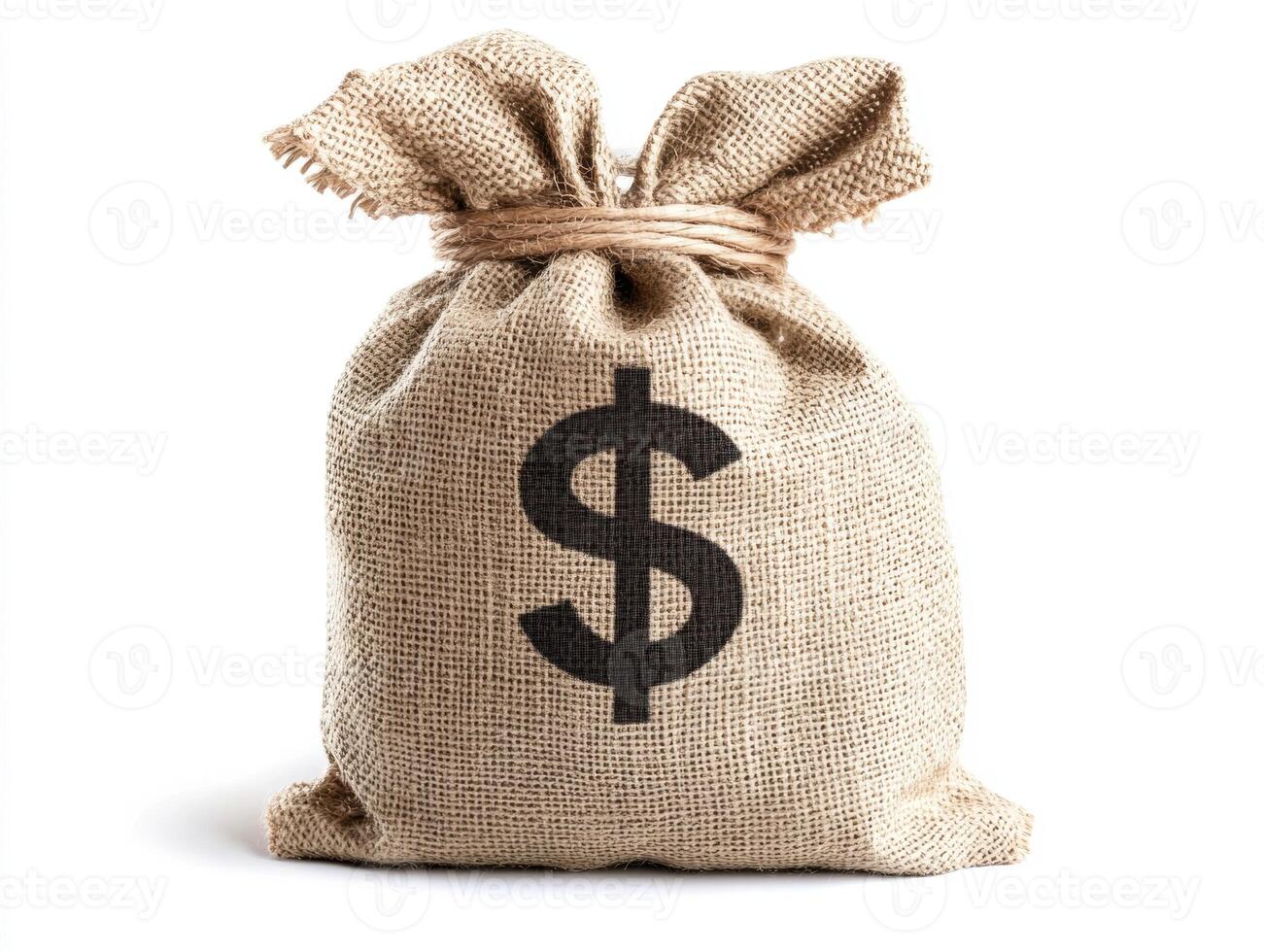 Burlap sack filled with money tied at the top with string photo