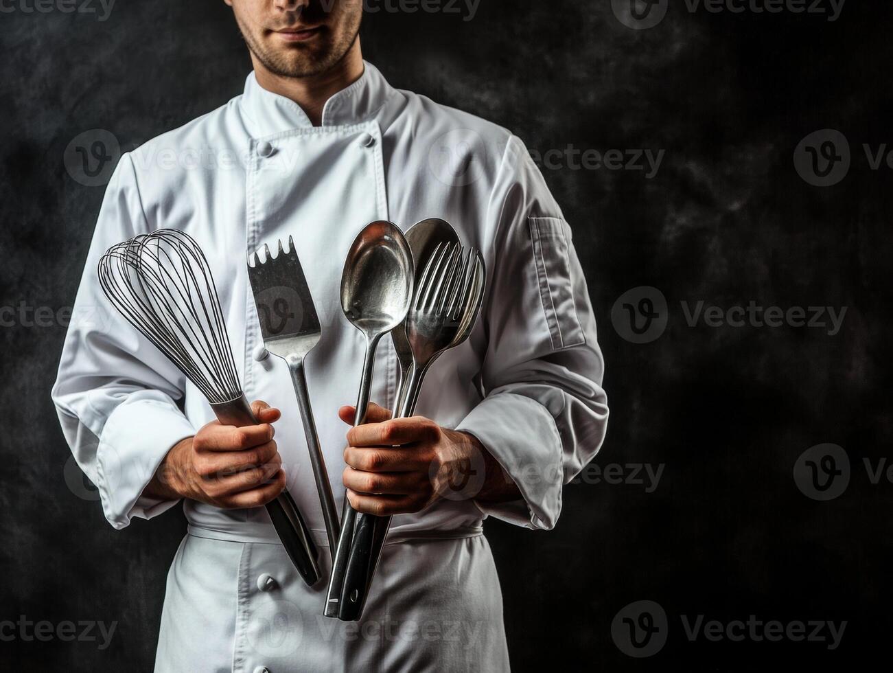 Professional chef showcasing cooking utensils in a dark setting photo