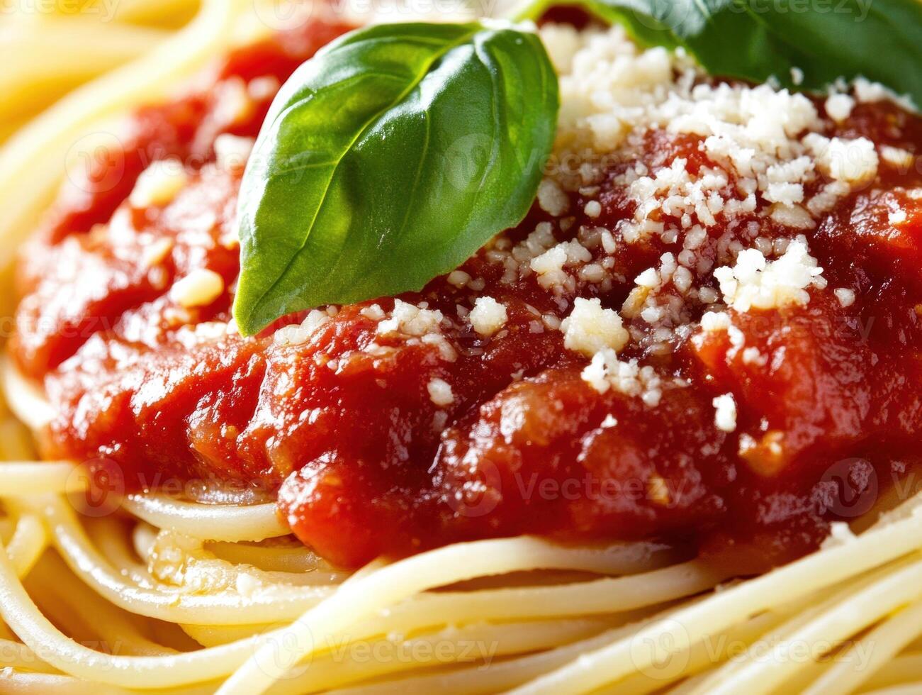 Delicious spaghetti with tomato sauce and fresh basil leaves photo
