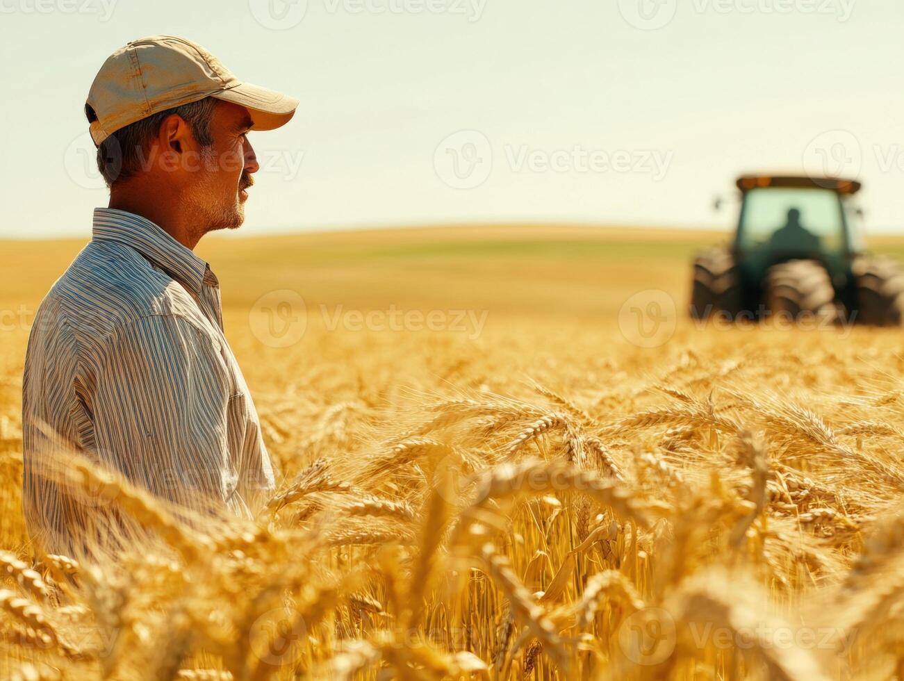 Farmer observing wheat field during sunny day with tractor nearby photo