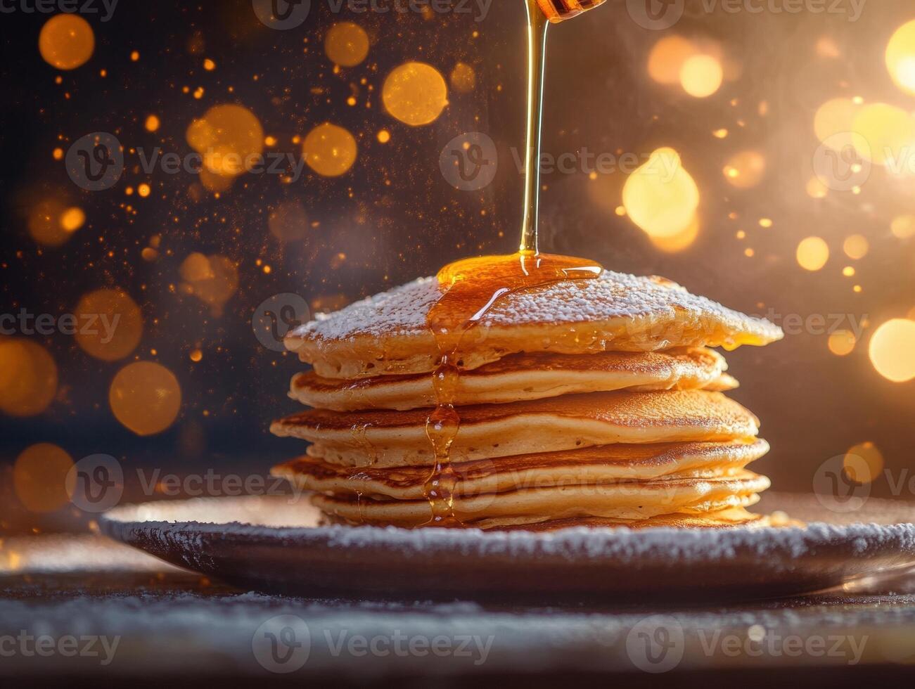 Delicious stack of pancakes with honey drizzle and warm glow photo