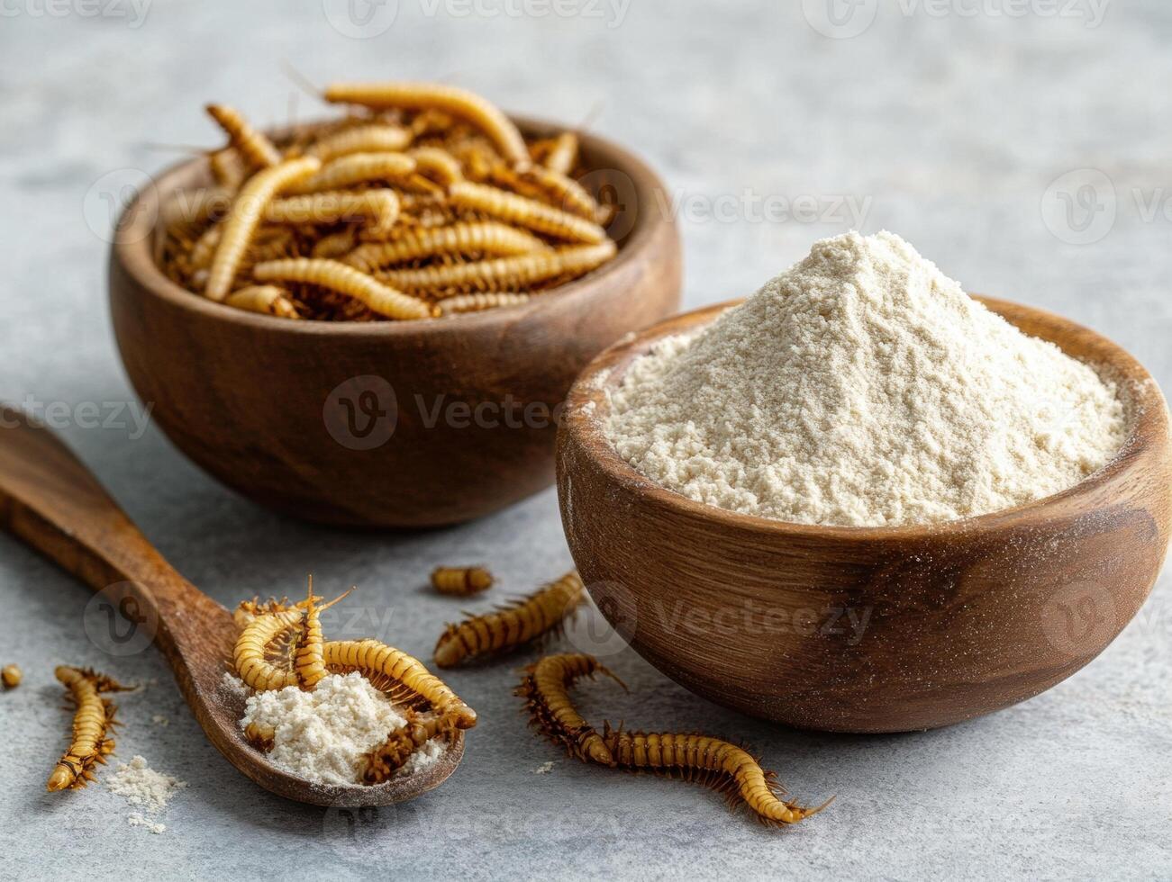 Bowl of insects and flour on a gray surface for culinary purposes photo
