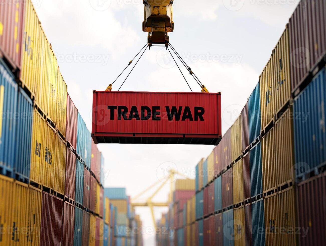 Cargo container lifted at port symbolizing trade tensions in economy photo