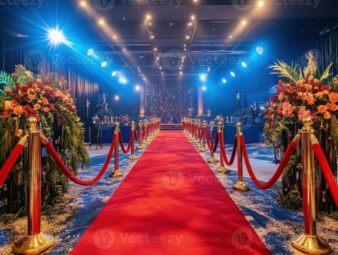 Elegant red carpet setup for a special event with floral decorations photo