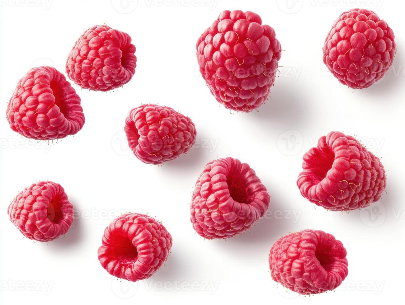 raspberries arranged on a white background for display photo