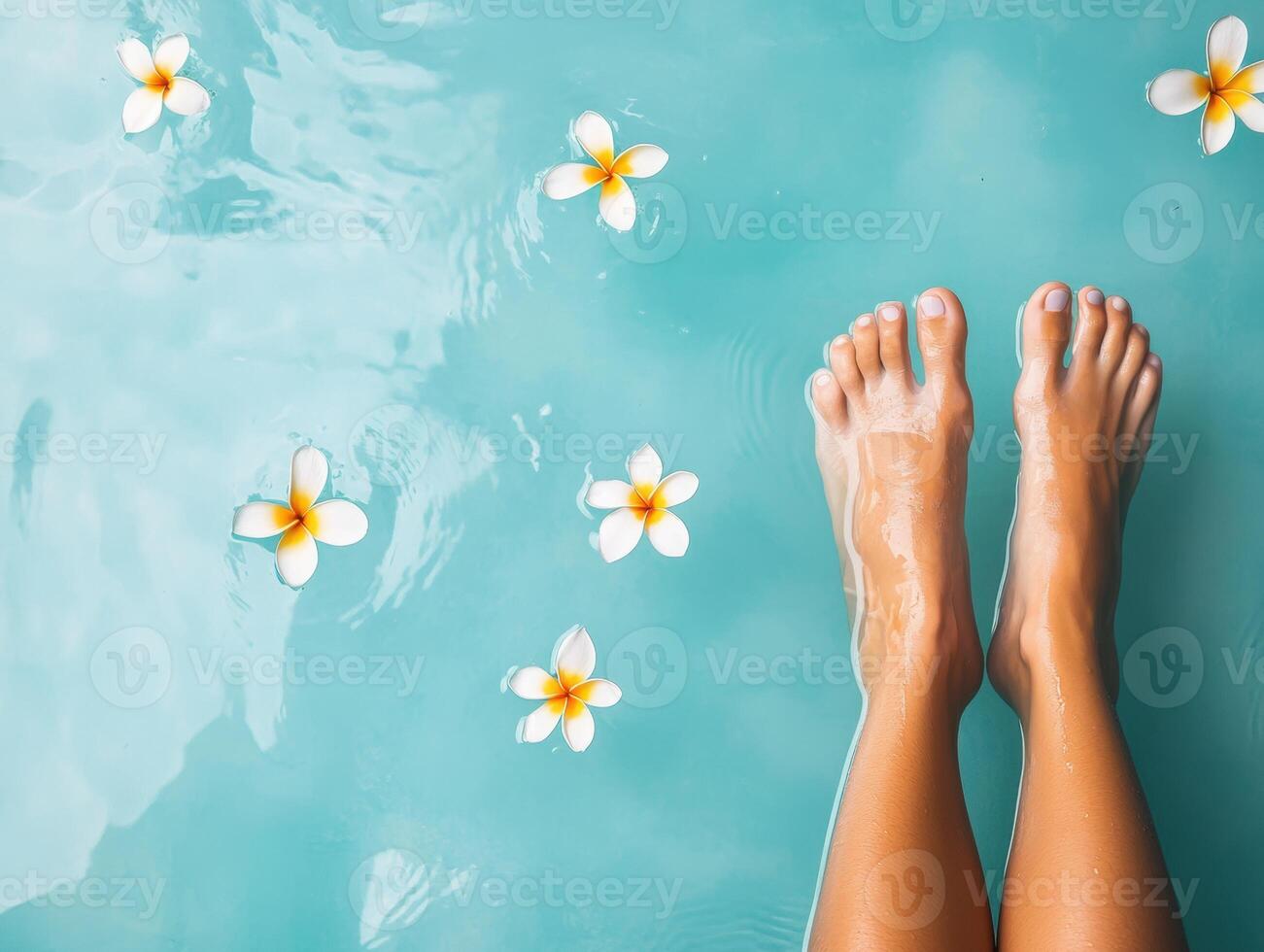 Relaxing feet in turquoise water surrounded by flowers photo