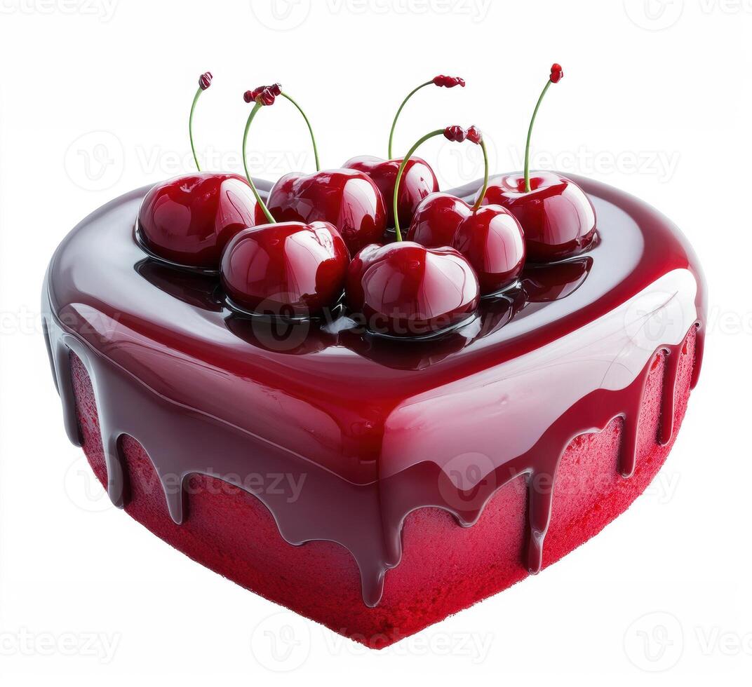 Heart-shaped cherry cake with glossy glaze and fresh cherries photo