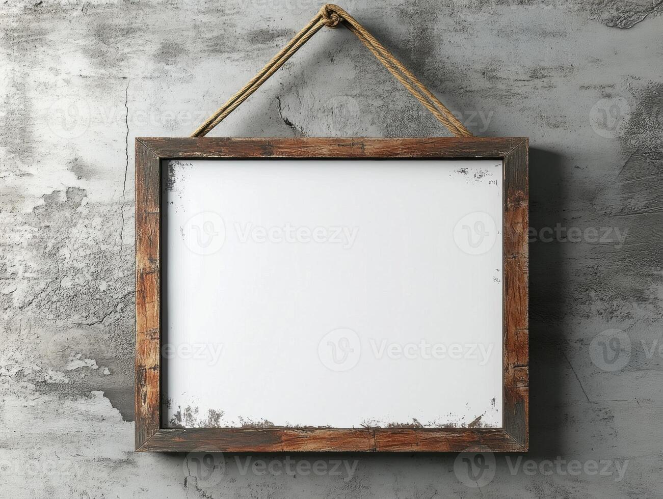 Rustic wooden frame hanging on a textured gray wall photo