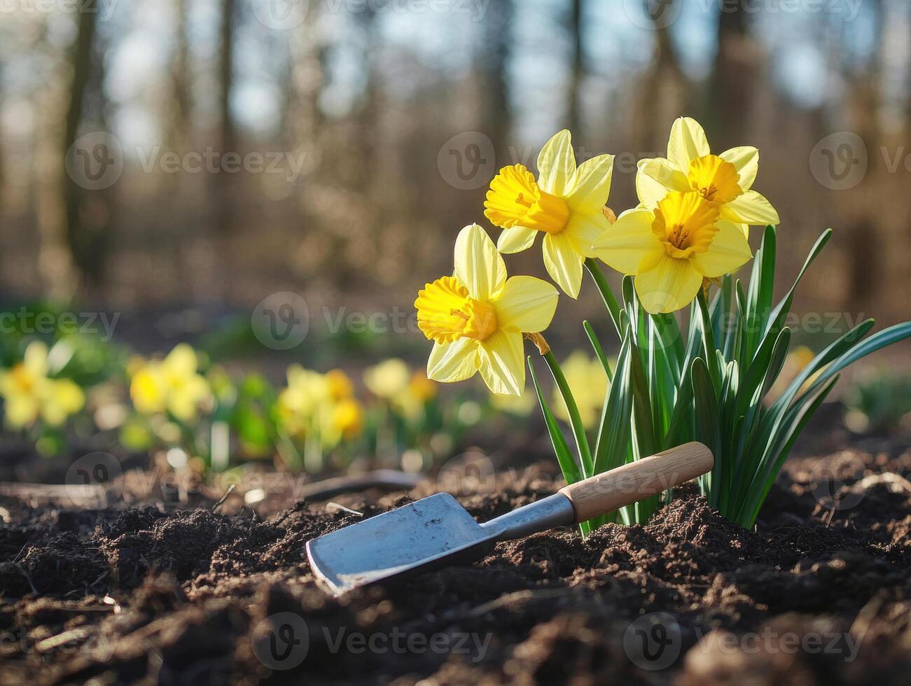 Daffodils bloom in garden soil with gardening tools nearby photo