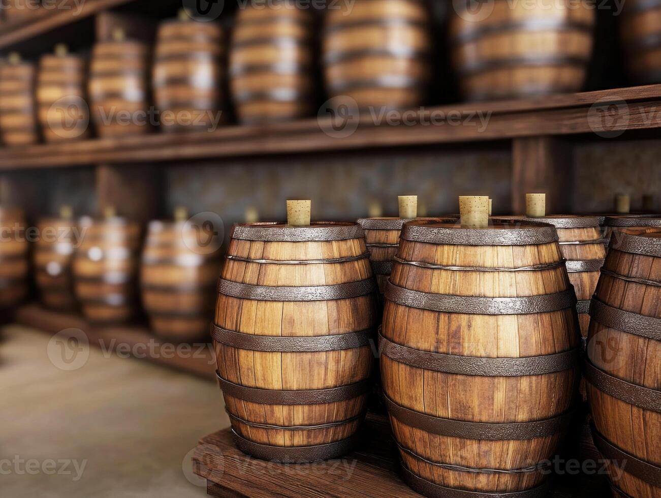 Wooden barrels arranged neatly on shelves in a rustic storage area photo