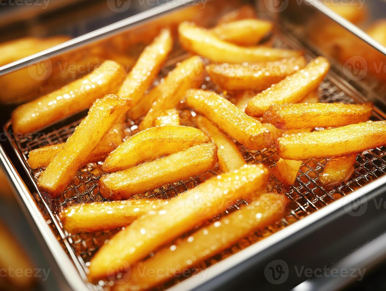 Golden fried potatoes in hot oil at a busy kitchen photo