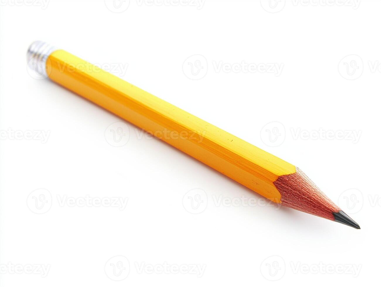 Bright yellow pencil with sharpened tip on white background photo