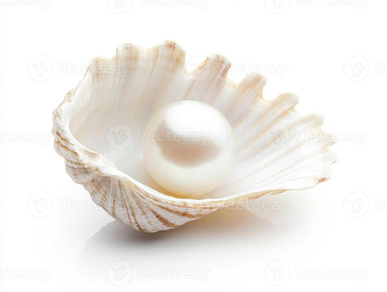 Natural pearl nestled inside a beautiful shell on white background photo