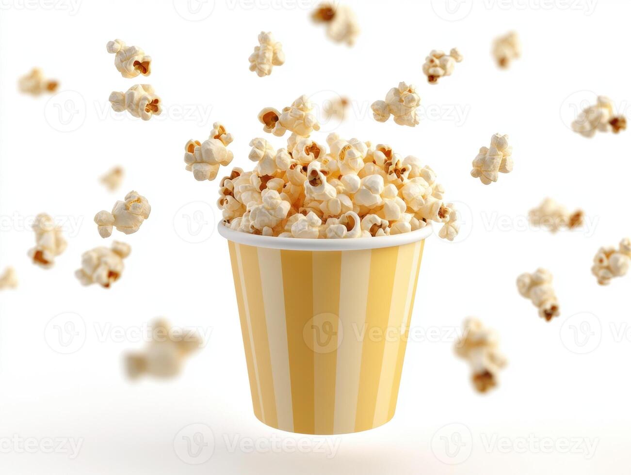 Popcorn bursts into the air from a yellow and white striped container photo