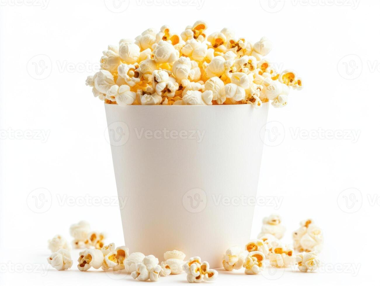 Perfectly popped corn in white cup on bright background photo