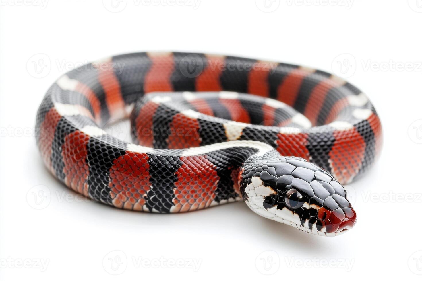 Colorful snake with vibrant patterns on a white surface photo