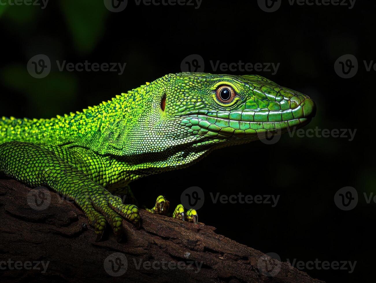 Bright green lizard perched on a branch in a natural setting photo