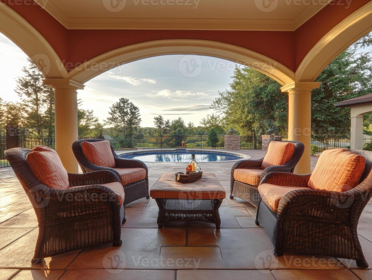 Relaxing outdoor seating area by a pool at sunset photo
