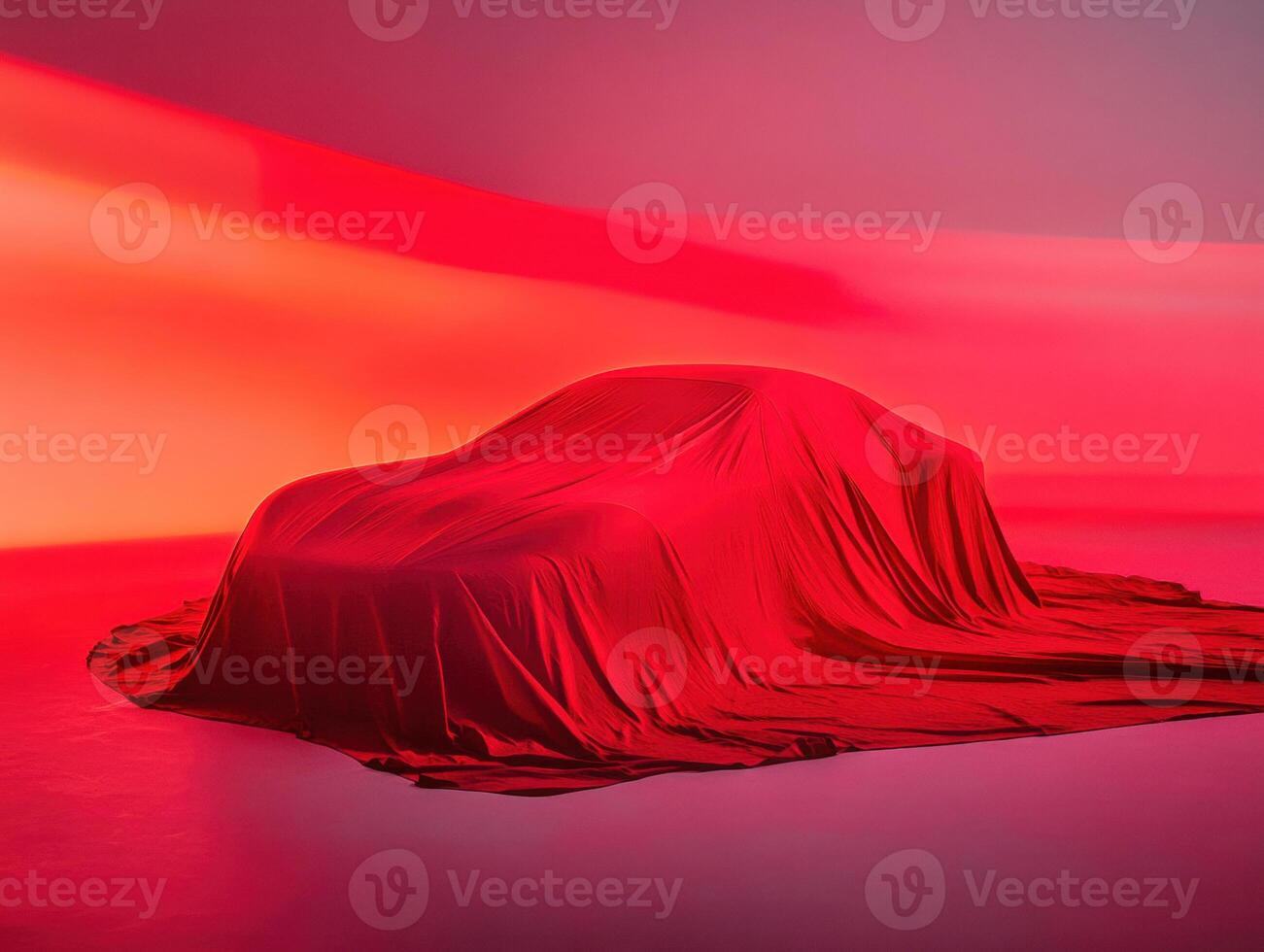 New car reveal covered with a red cloth in dramatic lighting photo