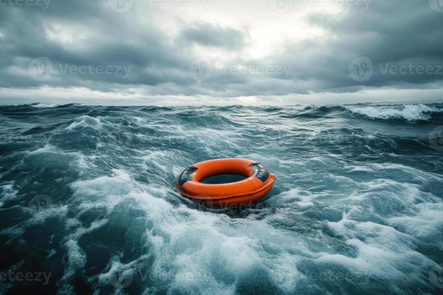Dark stormy waters with an orange life ring in the ocean photo